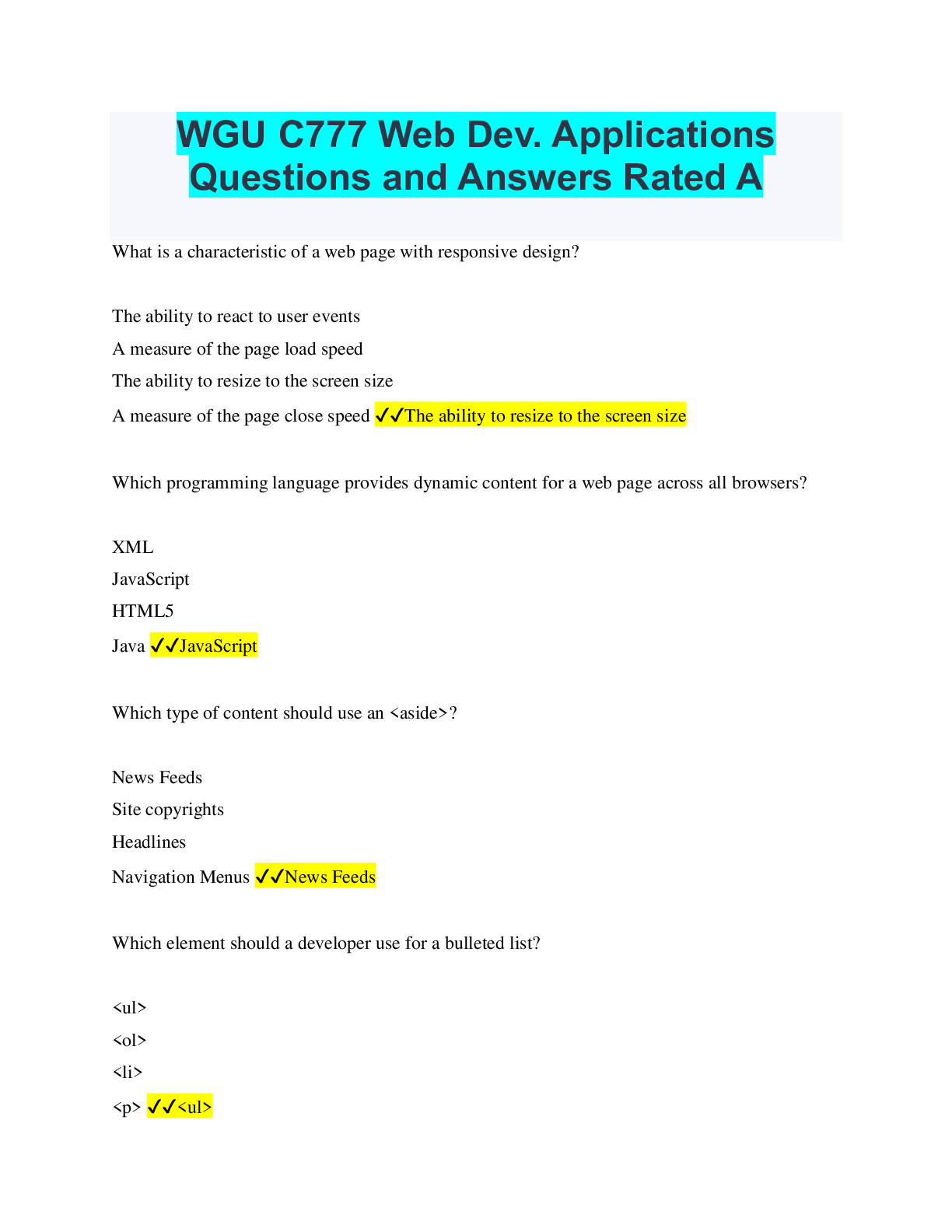 Preview image for WGU C777 Web Dev. Applications Questions and Answers Rated A